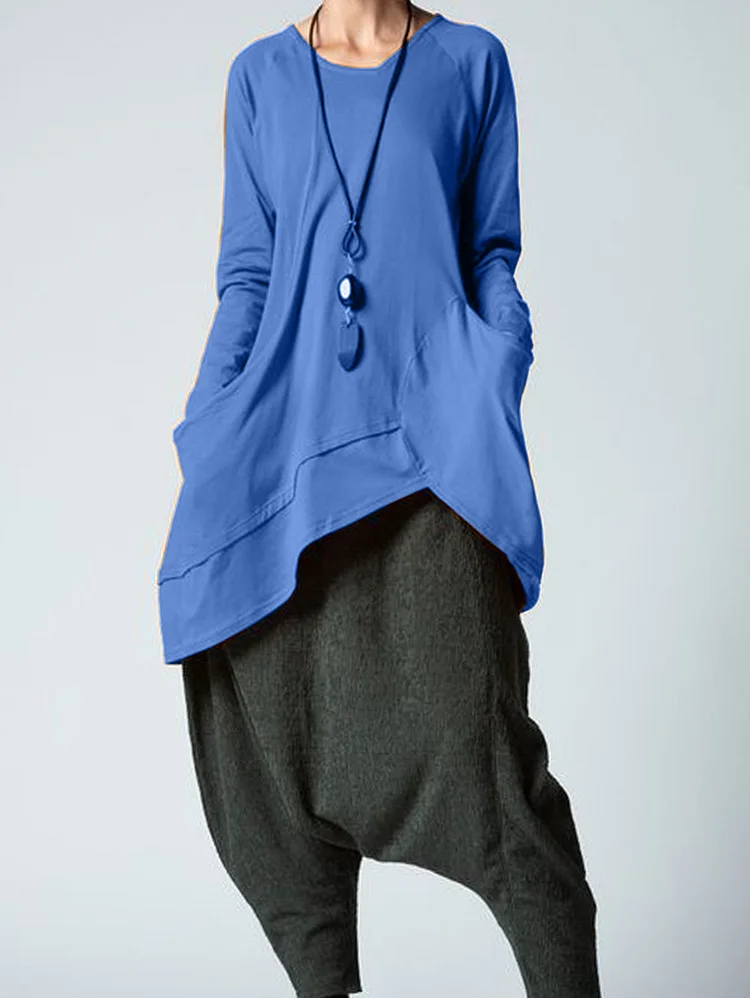Solid Crew Neck Loose Asymmetrical Hem Top