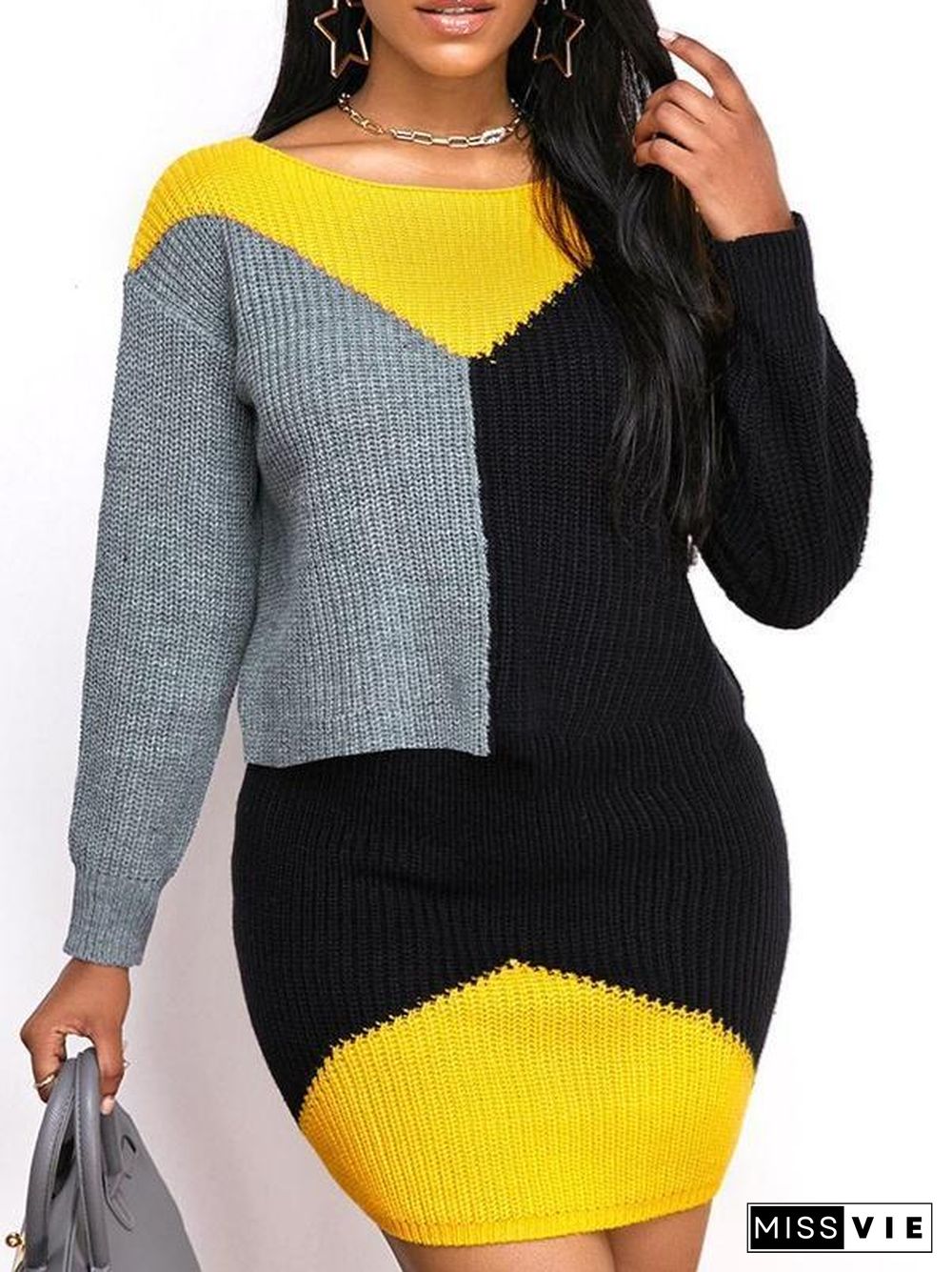 Women's Colorblock Stitching Casual Knit Round Collar  Long Sleeves Midi Dress