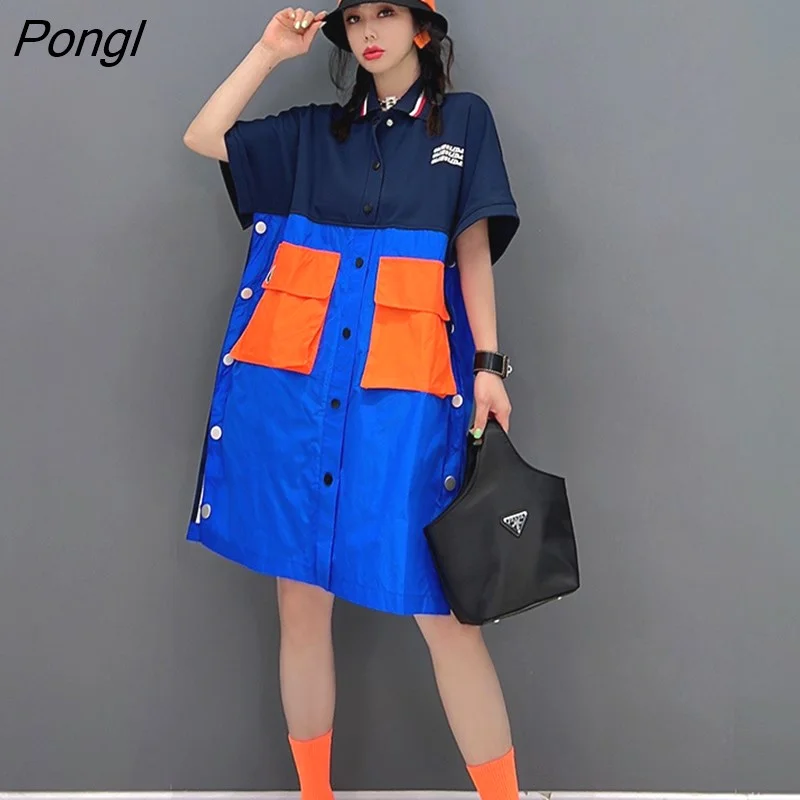 Pongl Contrast Patchwork Turn-down Collar Loose Pockets Shirt For Women 2023 New Trendy Fashion Blouses Y2k Clothes5Q361