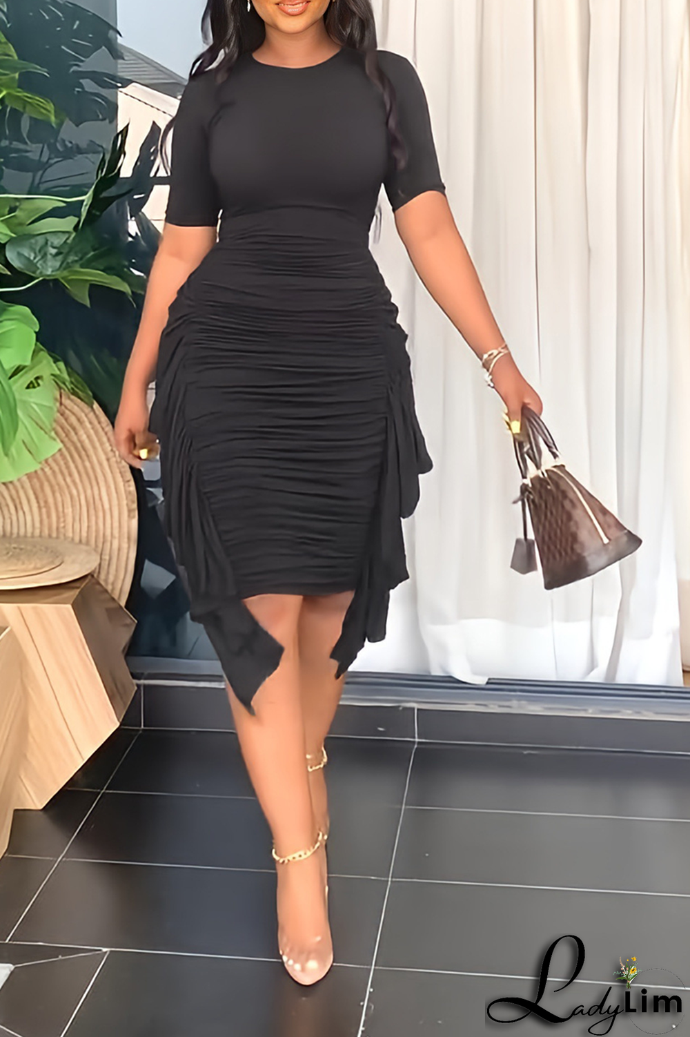 Yellow Fashion Solid Flounce Fold O Neck Pencil Skirt Dresses