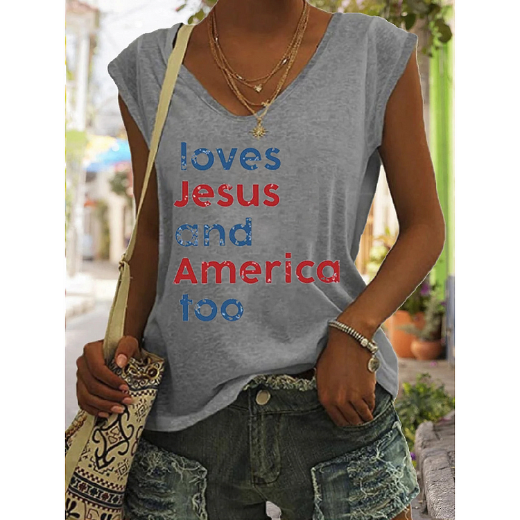 Loves Jesus And America Too Print V neck Tank Top socialshop
