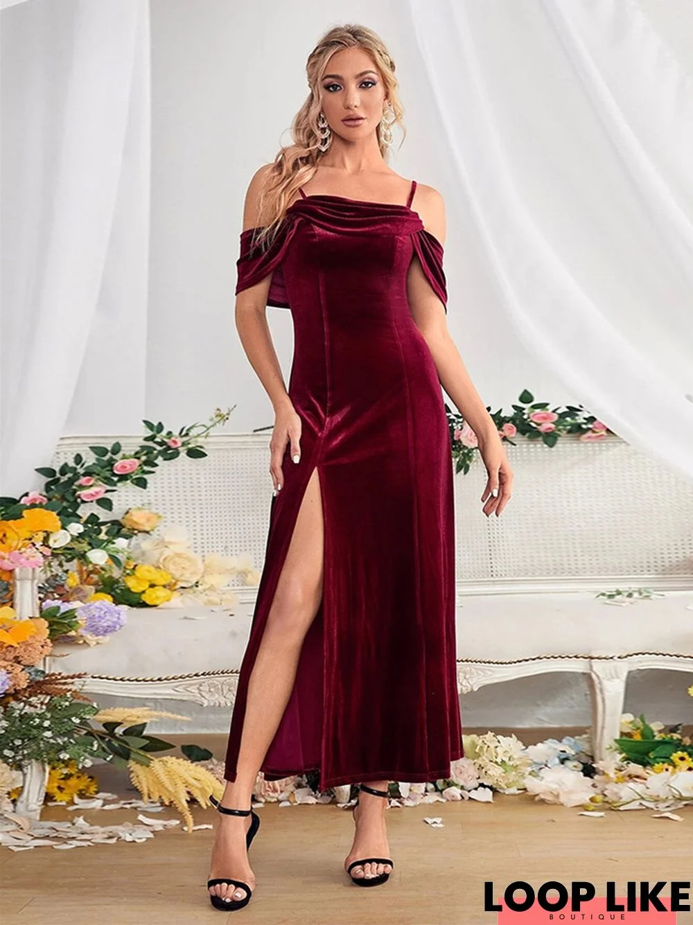 Women's Dinner Split Velvet Dress with One Shoulder Suspender Temperament Versatile Dress