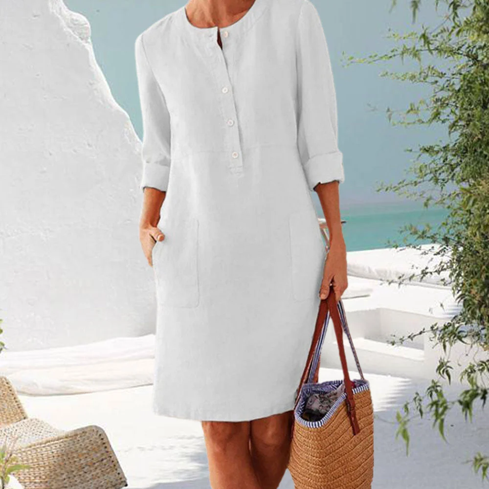 Smiledeer Spring and summer new women's cotton and linen round neck dress