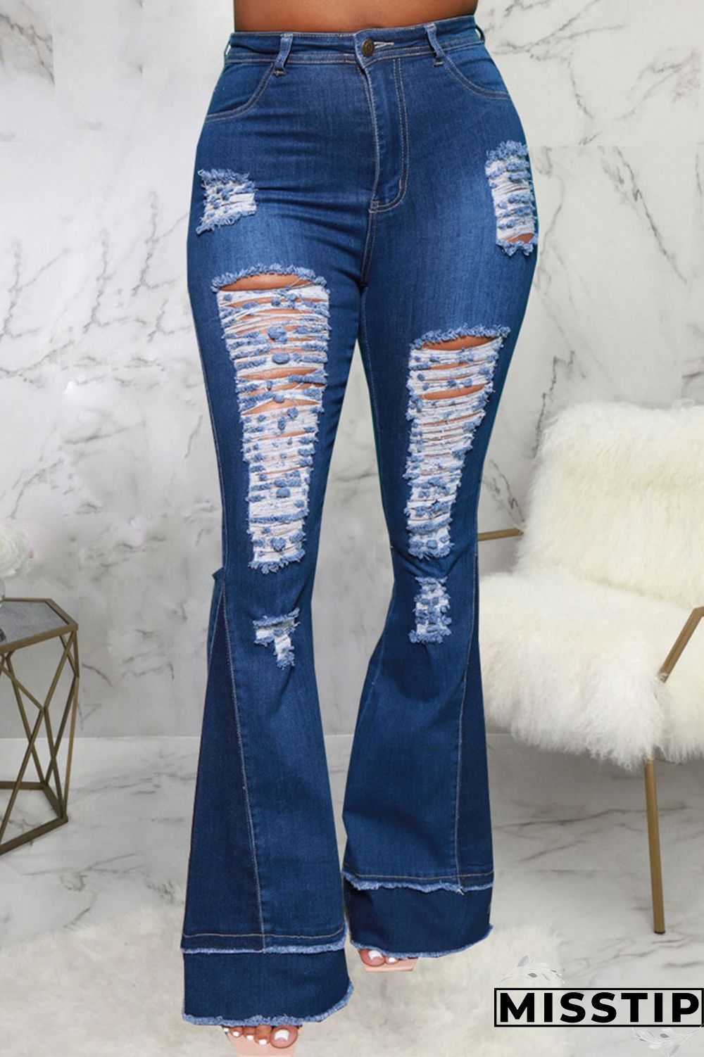 Blue Street Ripped Patchwork High Waist Denim Jeans