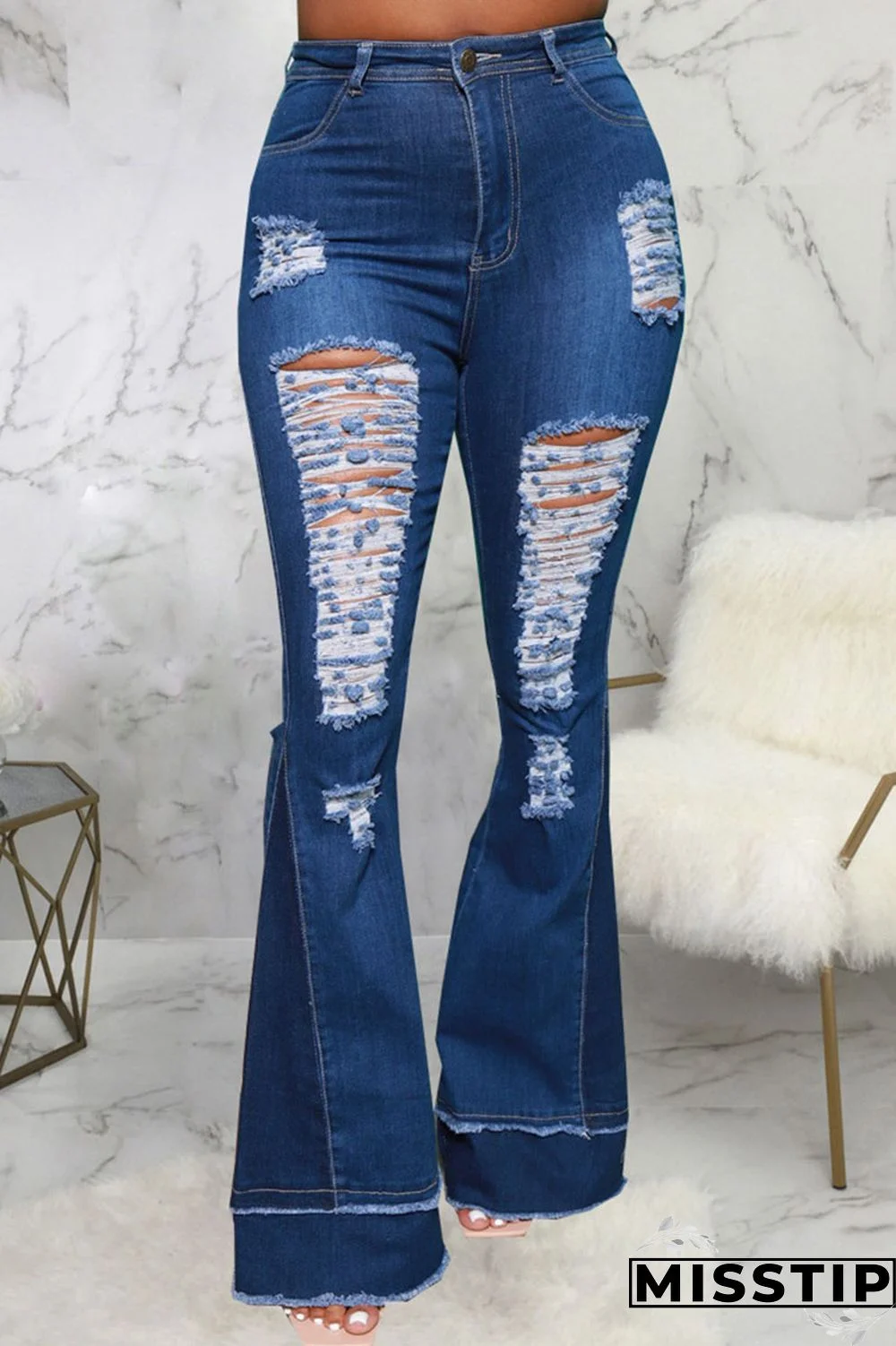 Blue Street Ripped Patchwork High Waist Denim Jeans
