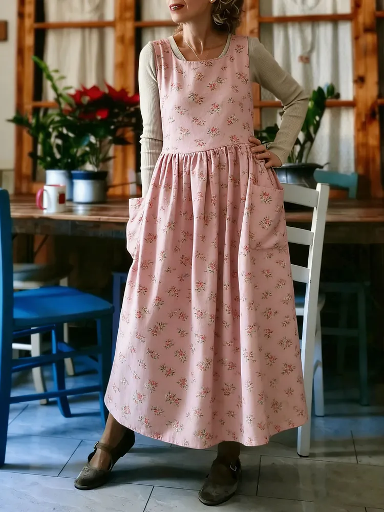 Pink Ditsy Floral Print Apron