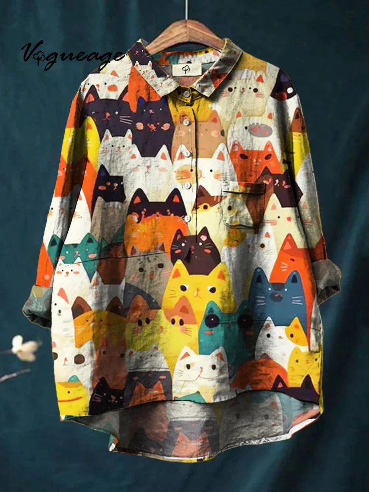 Simple Cute Charming Elegant Cat Printed Cotton And Linen Shirt