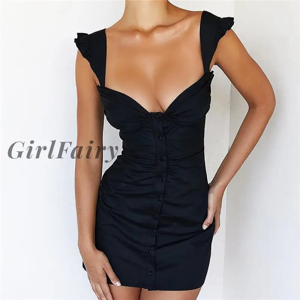 Girlfairy Women Sexy Ruched Dress Solid Sleeveless Backless Deep V-Neck Bodycon Summer Club Party