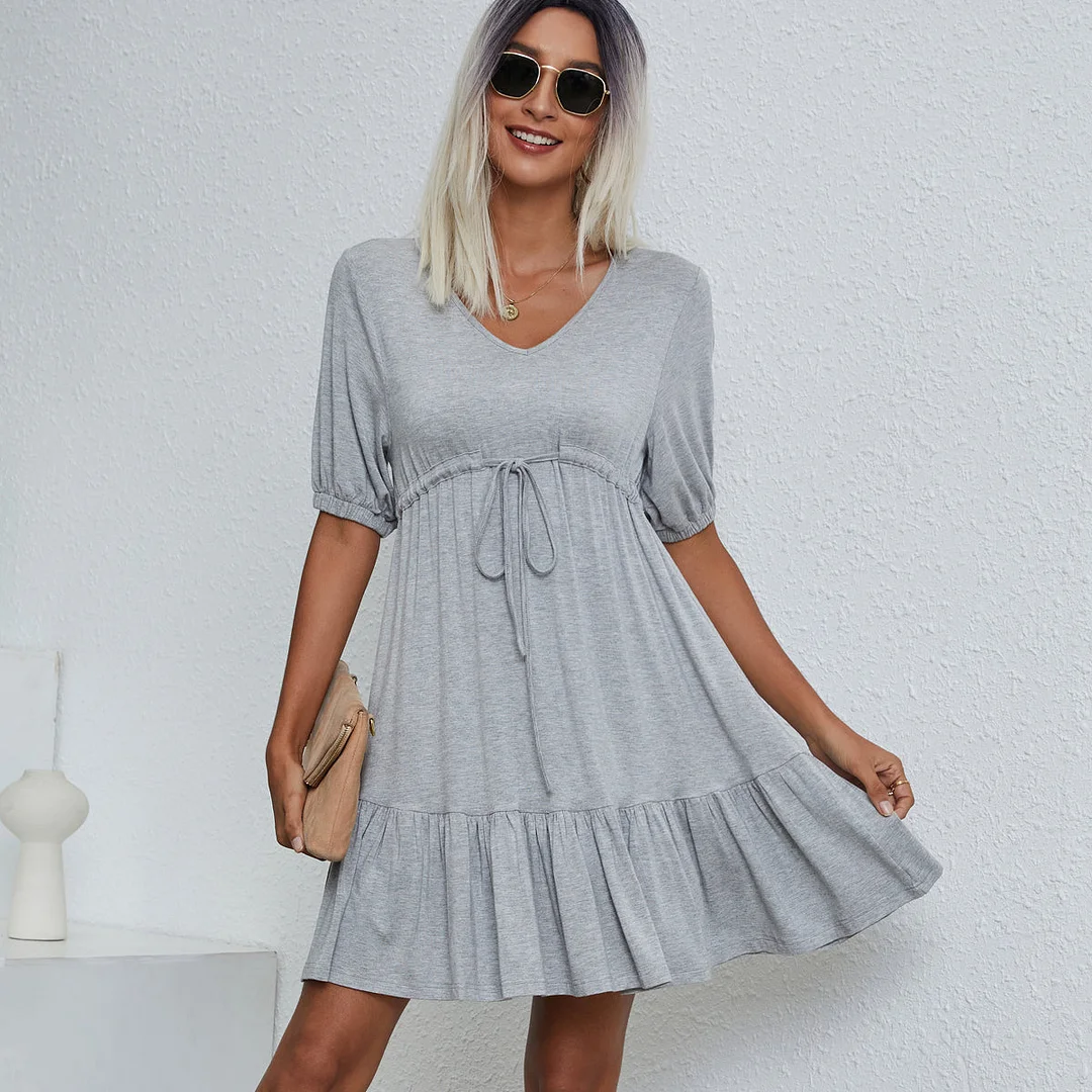 V Neck Drawstring Waist Solid Casual Mini Dress