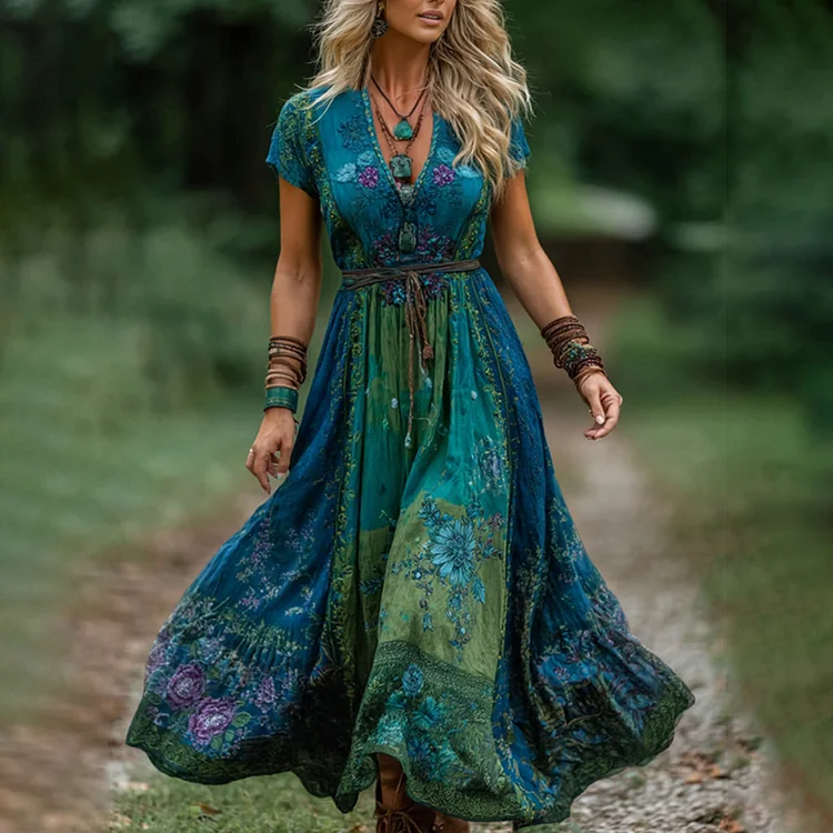Vintage Gradient Blue Rose And Floral Embroidered Linen Maxi Dress