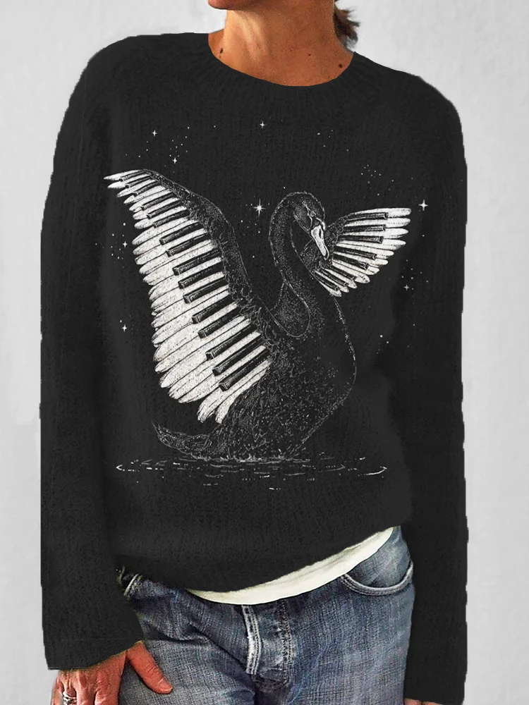 Comstylish Swan & Music Pattern Cozy Knit Sweater