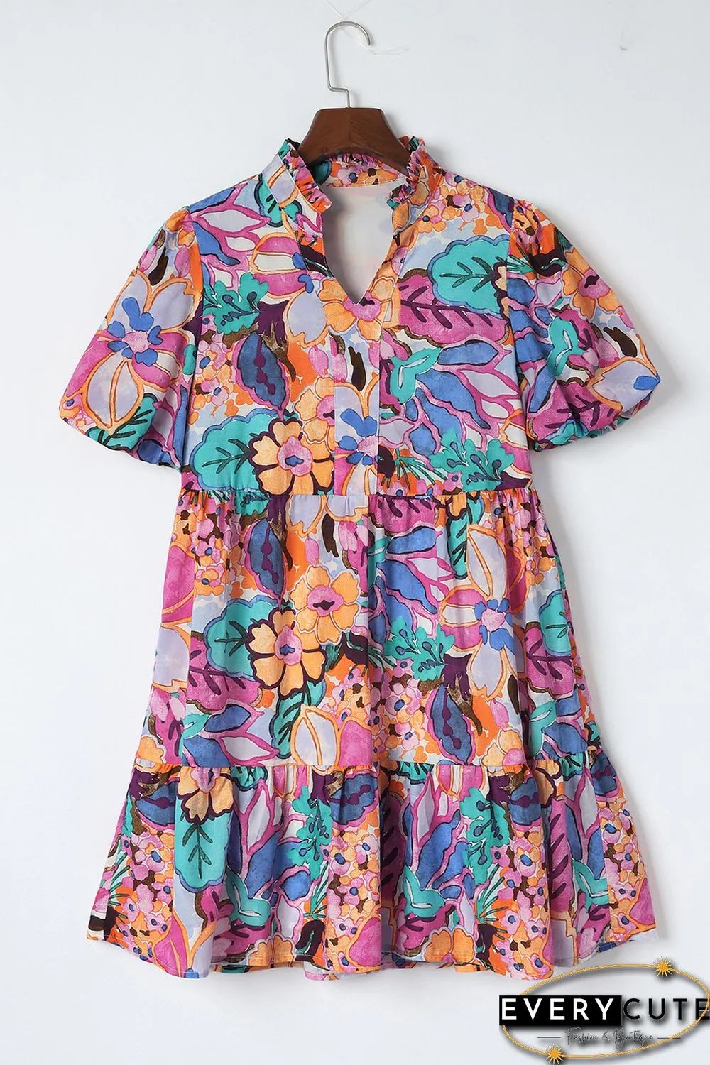 Multicolor Floral Print V Neck Puff Sleeve Mini Dress