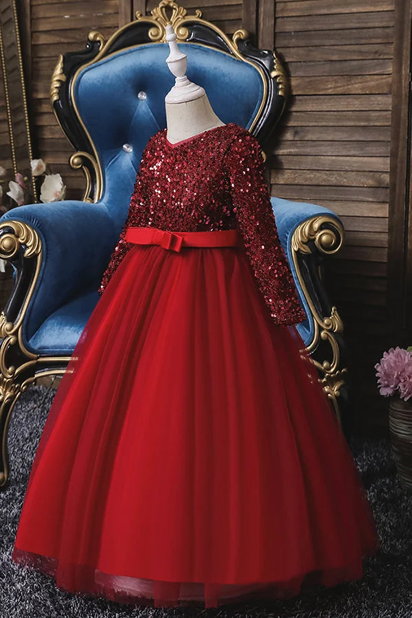 Hellodresses Burgundy Jewel Long Sleeve  Flower Girl Dress with Sequins Appliques