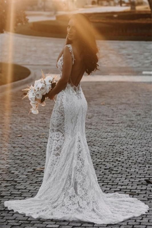 Sheer Straps Chapel Train Lace Beadings Wedding Dress Mermaid | Ballbellas Ballbellas
