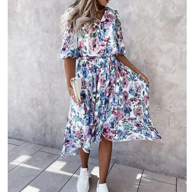 Women's Floral Dress Aysmmetrcial Half Sleeve Printed Buttoned V-Neck Dress High Waist Boho Holiday Vestidos Fashion Midi Dress