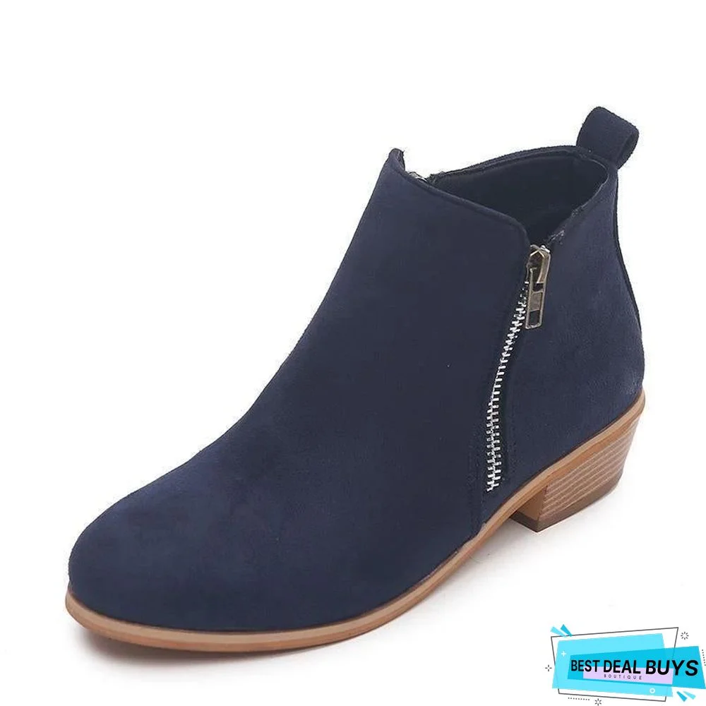 Women Side Zipper Round Toe Ankle Boots