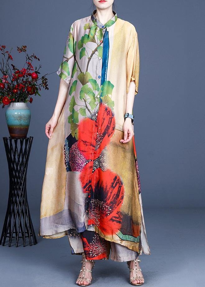 Fitted Yellow Print long Silk Summer Women Sets two Pieces