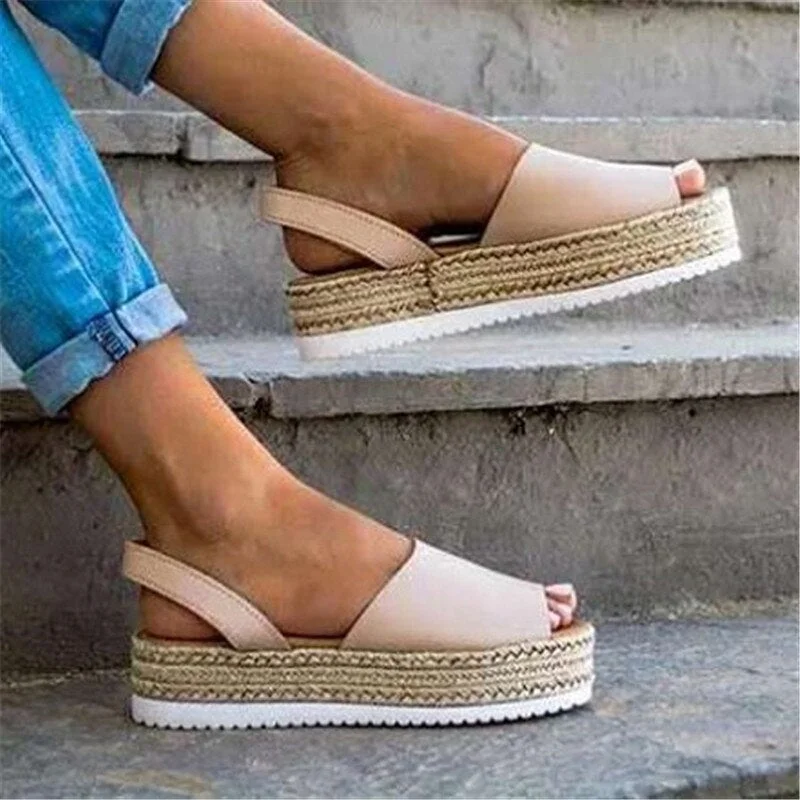 Women's Sandals Summer Shoes Female Thick Bottom Hemp Platform Heel Sandals PU Leather Back Strap Casual Ladies Flat Shoes 2021