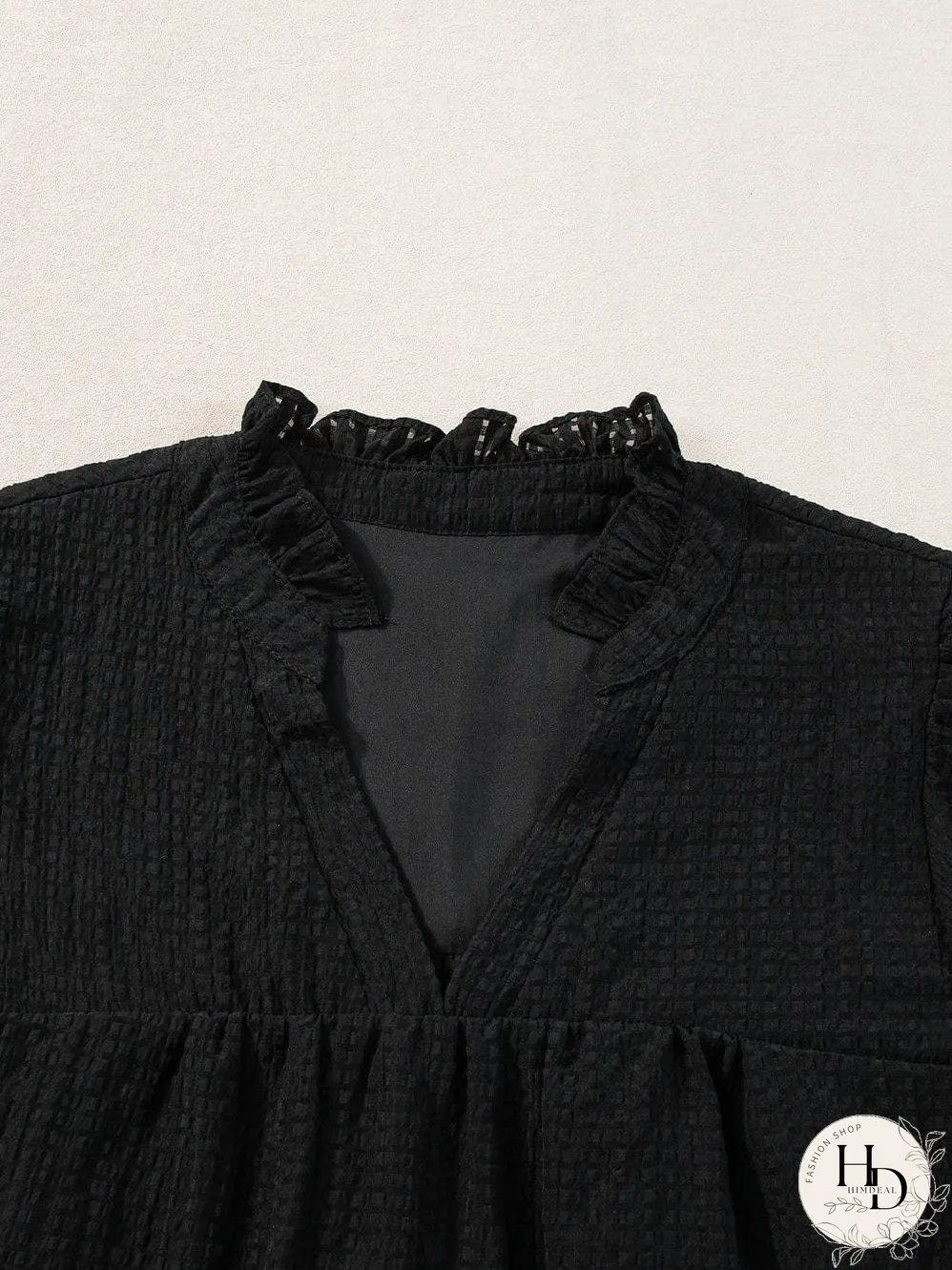 Elegant Black Floral Embroidered V-Neck Puff Sleeve Blouse