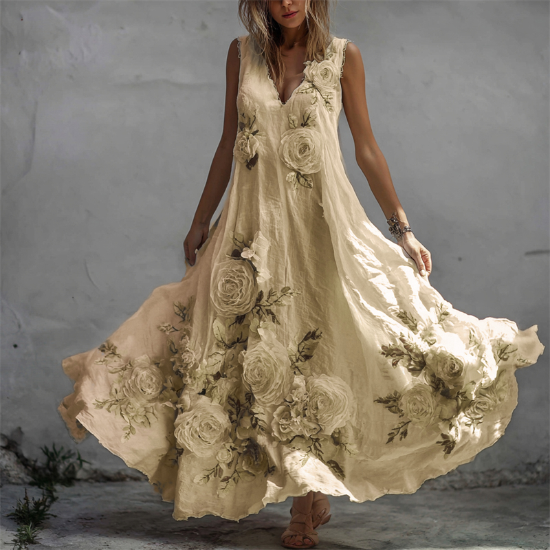 Zwiewna lniana sukienka maxi w białe róże w stylu vintage