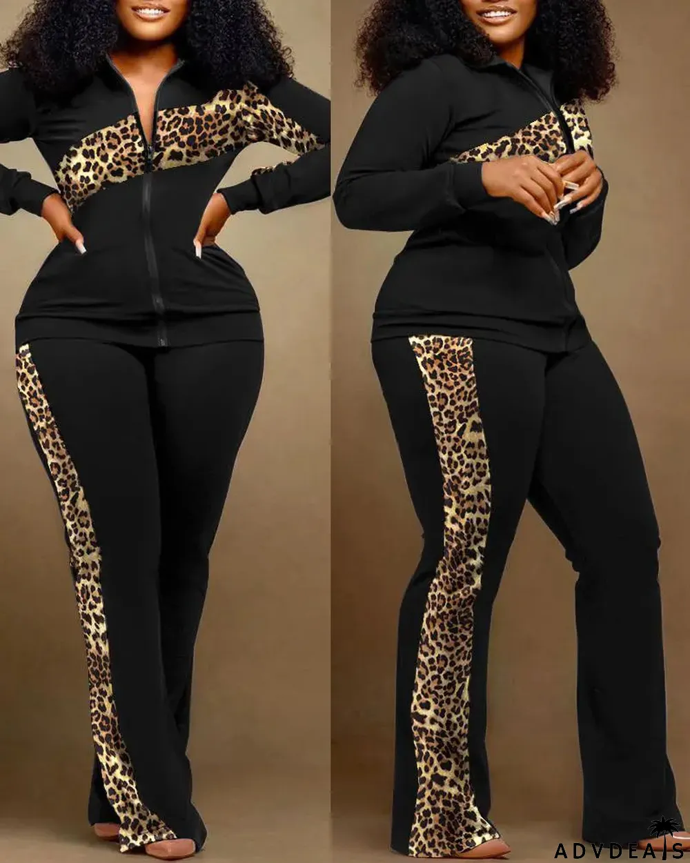Plus Size Casual Print Zipper Long Sleeve Pant Two Piece Set