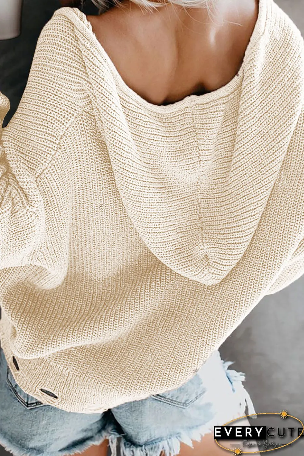 Zipper V-neck Dropped Sleeve Hooded Solid Sweater
