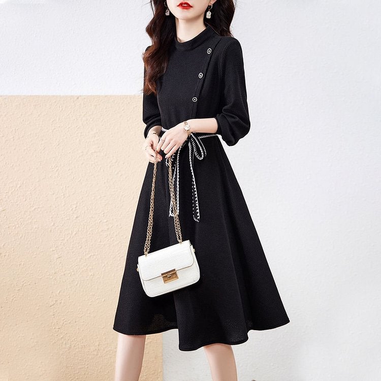 Black Plain Long Sleeve A-Line Dresses