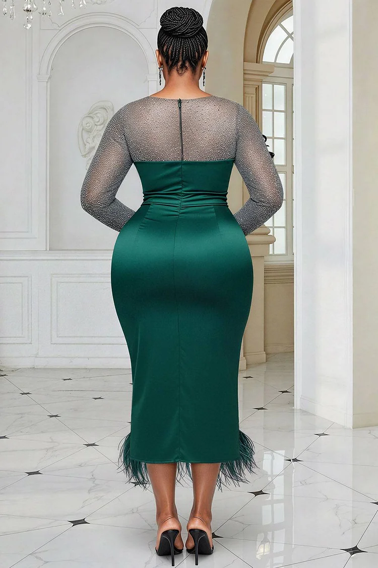 Xpluswear Design Plus Size Cocktail Party Green Round Neck Long Sleeve Drilling Elegant Feather Satin Midi Dresses [Pre-Order]