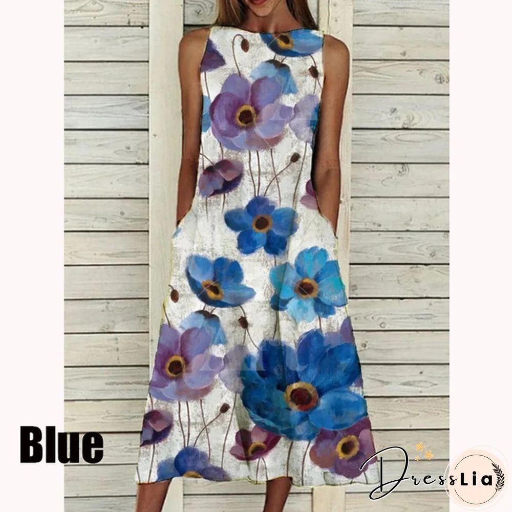 XS-5XL Plus Size Fashion Women Summer Casual Tops Elegant Sleeveless Print A-Line Dress Round Neck Casual Party Dresses Girls Sweet Dress