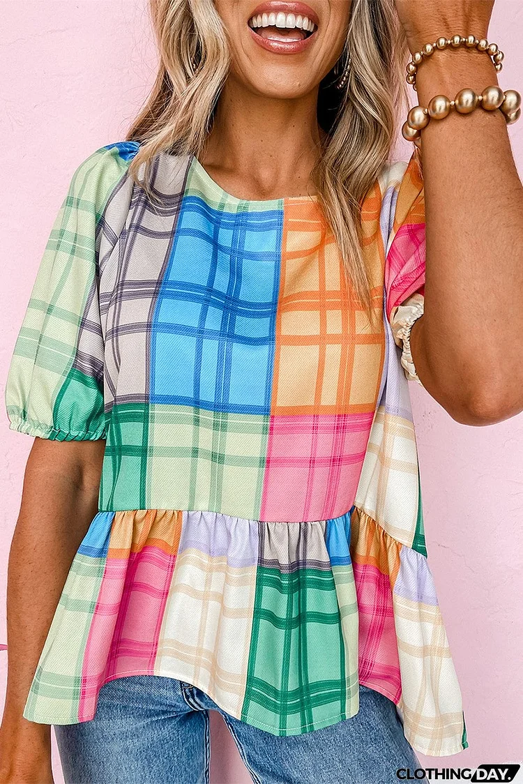 color Bold Plaid Color Block Puff Sleeve Peplum Top