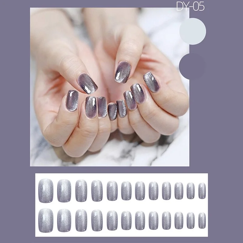 24pcs Purple Gray Fake Nail Patch Cat Eye False Nail Patch Press On Finger Nail Tips Detachable Full Cover Acrylic Nails-Nail Inspo