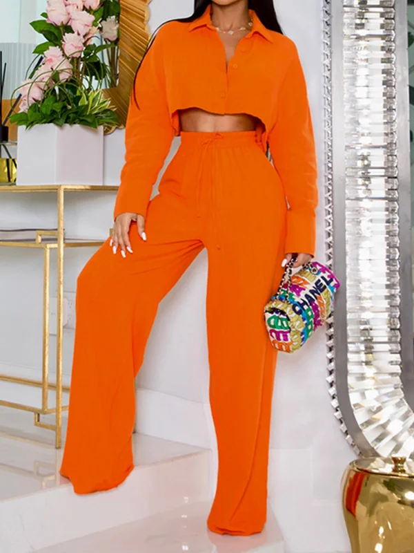 Solid Color Long Sleeves Blouse + Drawstring Elasticity High-Waisted Wide-Leg Pants Trousers Two Pieces Set