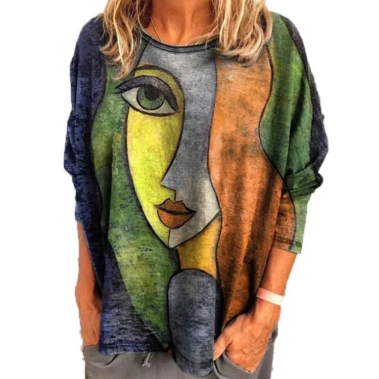 Uveng Size Women's Printing Print Long Sleeve Loose T-shirt
