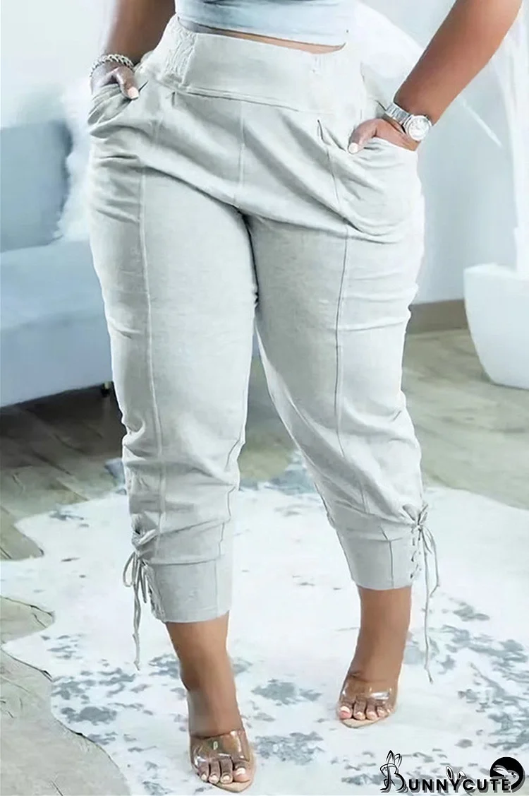 Grey Fashion Casual Solid Basic Regular High Waist Trousers