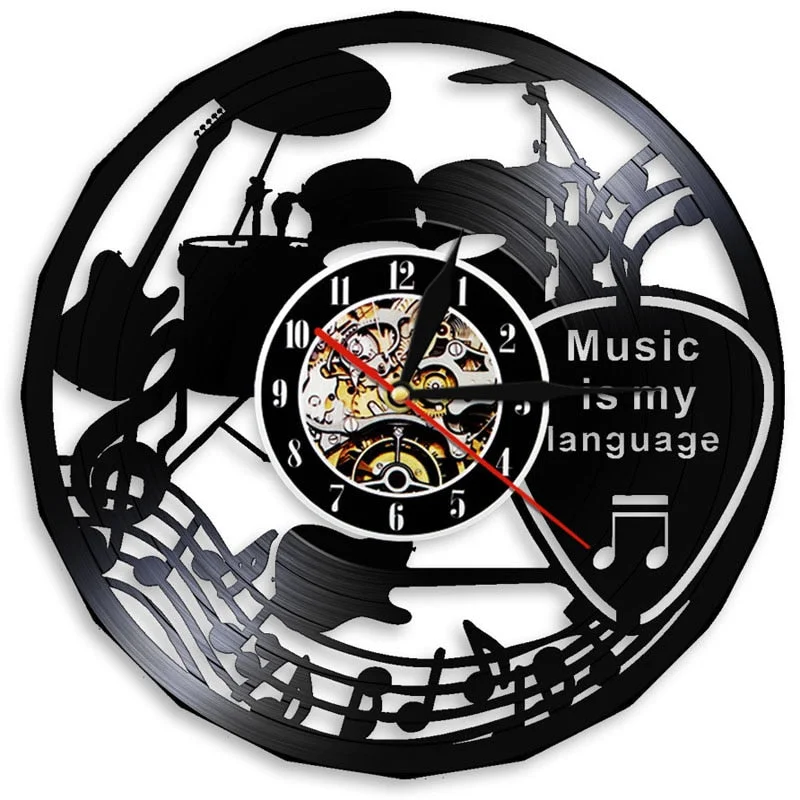Acoustic Guitar Drum Vinyl Record Wall Clock Rock Music Theme Wall Art Musical Instrument Vinyl Clock Wall Watch Home Decor