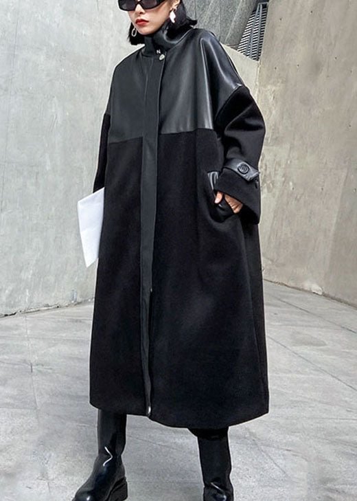 Luxury Black Woolen Patchwork PU zippered Winter Cotton Women Coats CK2448- Fabulory