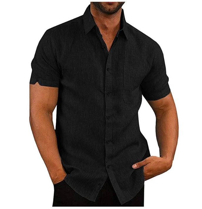 Casual Loose Solid Linen Tops Short Sleeve Mens Shirts-VESSFUL