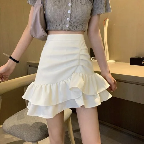 Irregular ruffled fishtail skirt skirt women&#39;s 2022 new summer high waist thin skirt a-line skirt woman pleated hippie skirts