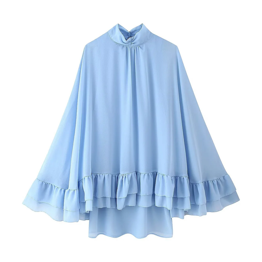 Nigikala Nigikala Blue Chiffon Half-High Collar Horn Sleeve Dress Loose Miniskirt