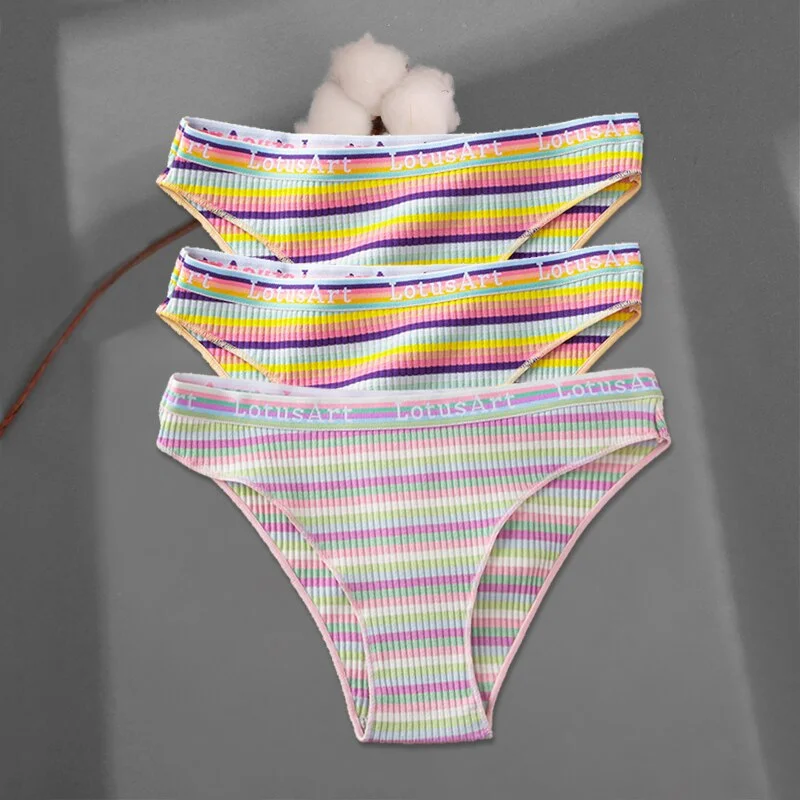 FINETOO 3Pcs/set Colorful Stripes Panties Women's Cotton Briefs M-XL Low-Rise Rainbow Underwear Ladies Underpants Girls Panties