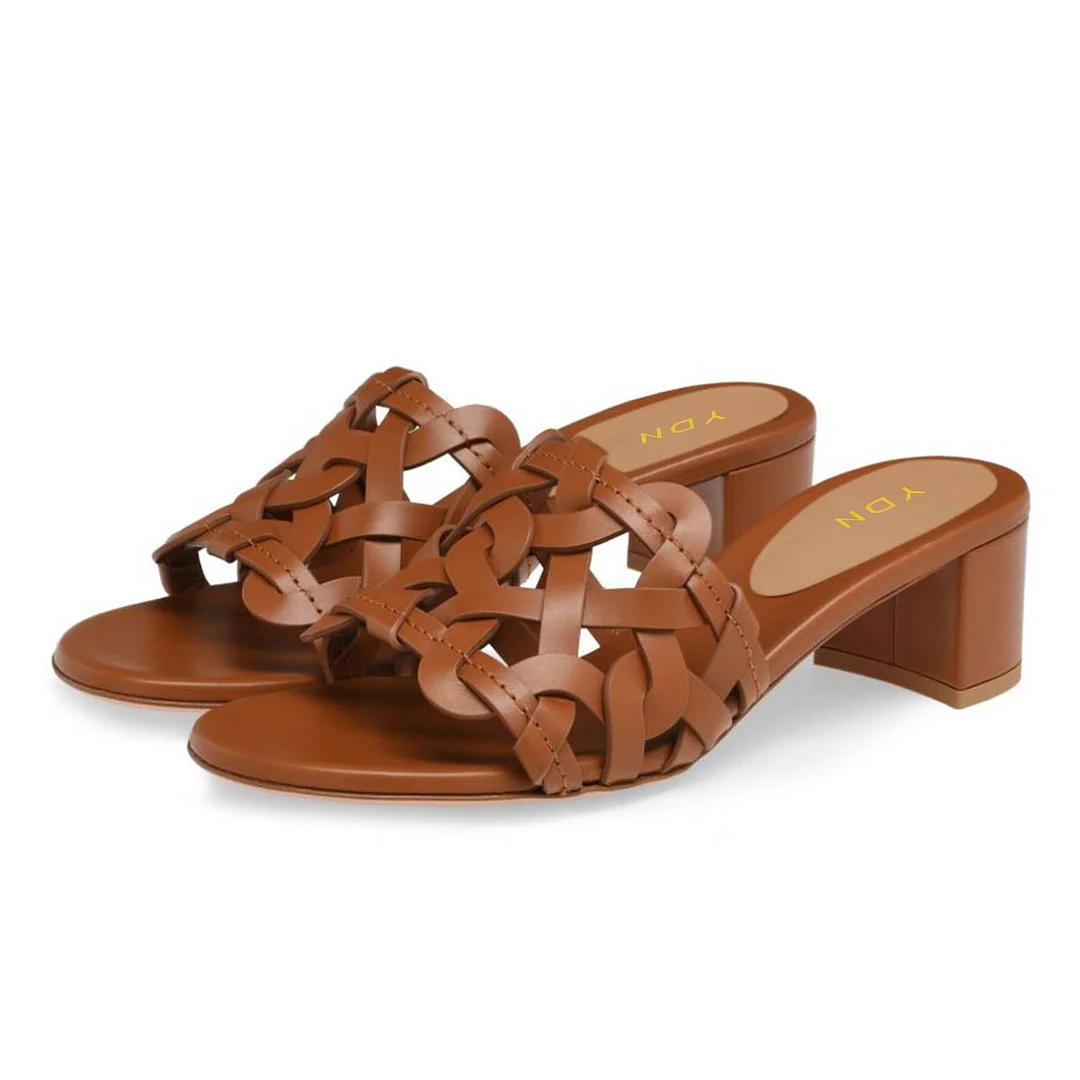 Brown Vegan Leather Woven Block Heel Slide Shoes for Women