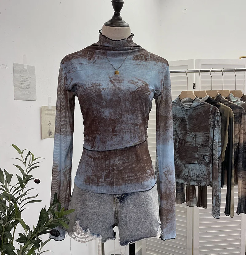Nigikala Nigikala Shooting Denim Pattern Dye Printing Retro Babes Thin Mesh T-Shirt High-Necked Long Sleeve Bottom Shirt Top 9950