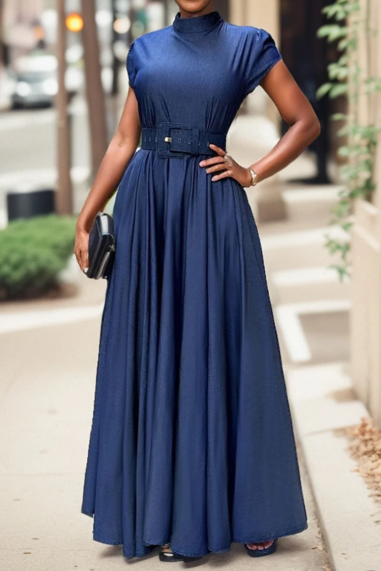 Solid Belted Stand Collar Maxi Dress