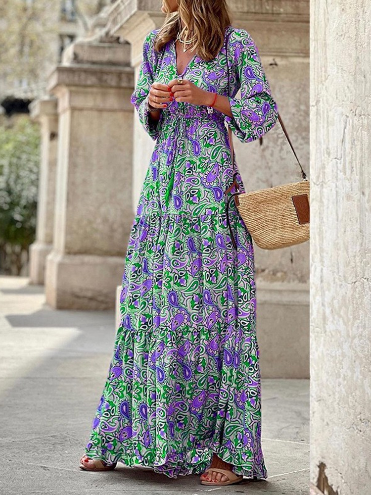 Paisley Print V Neck Lace Up Maxi Dress