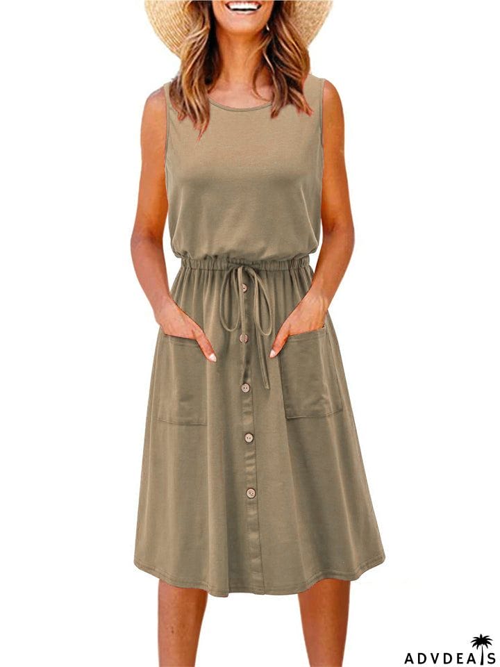 Women's Retro Crew Neck Lace Up Trendy Dress for Summer