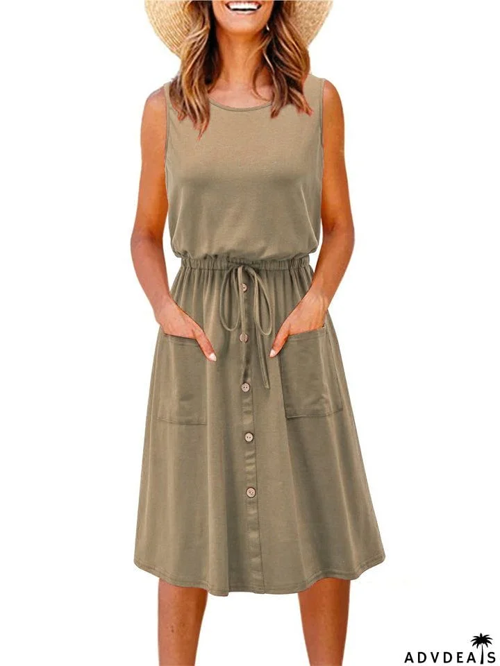 Women's Retro Crew Neck Lace Up Trendy Dress for Summer