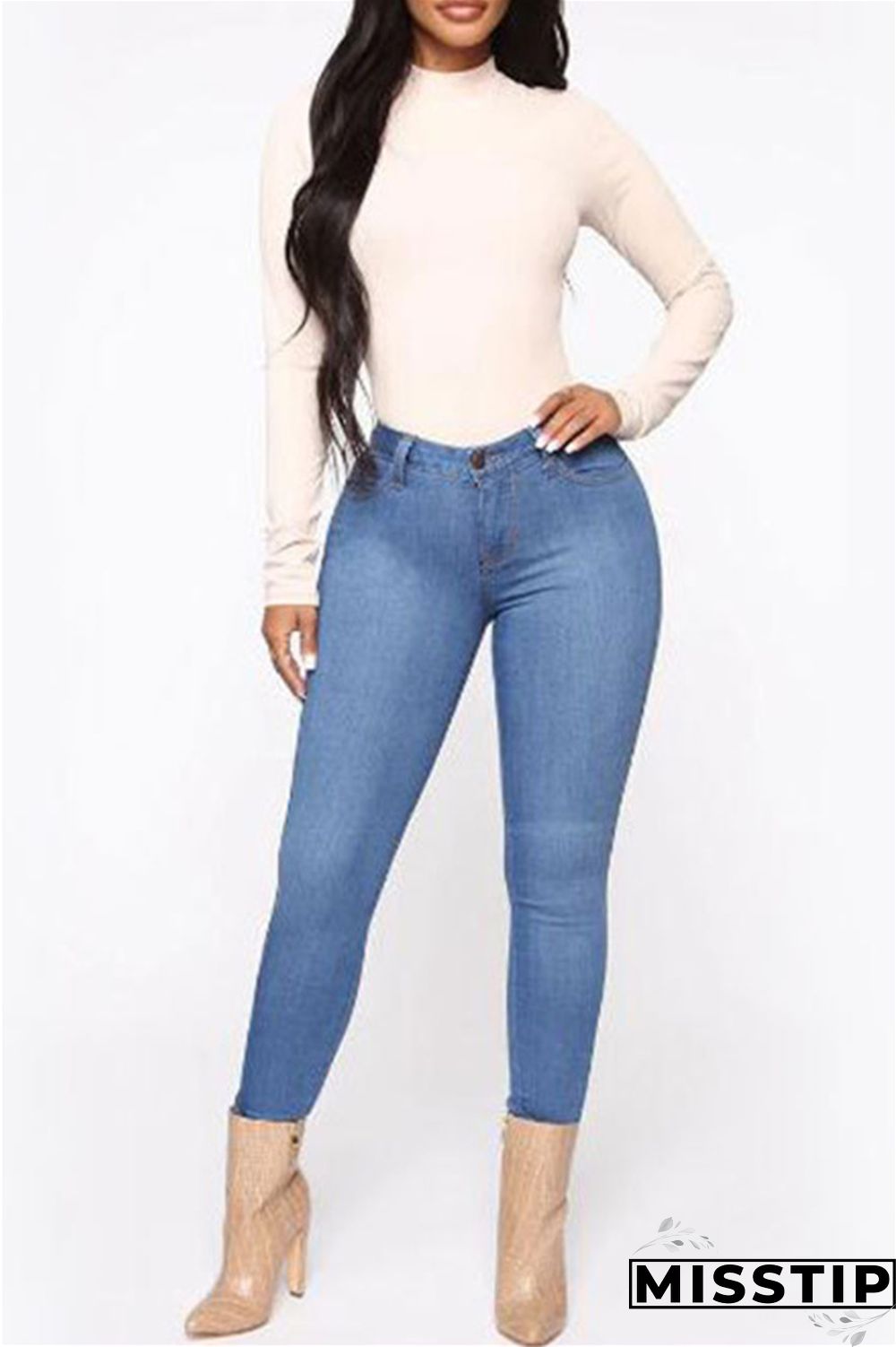 Deep Blue Fashion Casual Solid Basic High Waist Skinny Denim Jeans
