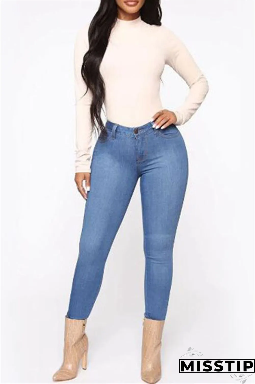 Deep Blue Fashion Casual Solid Basic High Waist Skinny Denim Jeans