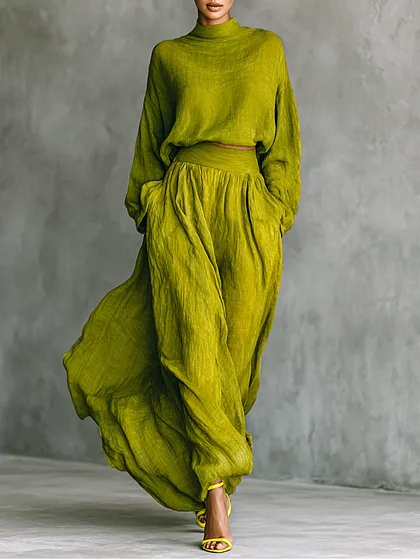 Green Turtleneck Top And High-waisted Skirt Set