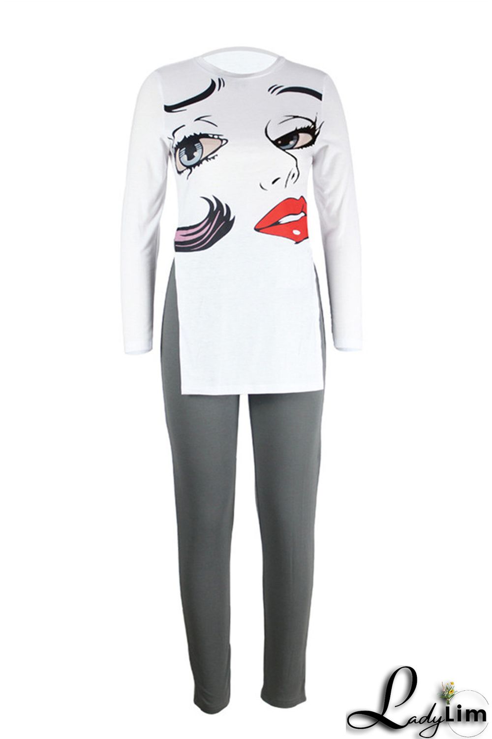 Stripe Fashion Casual Print Slit O Neck Long Sleeve Two Pieces